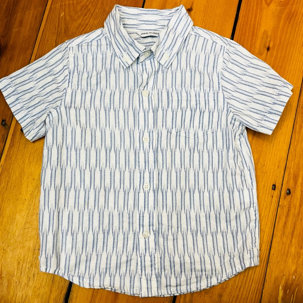 Janie and Jack Toddler Linen Cotton Blue Stripe Button Down Shirt Short Sleeve